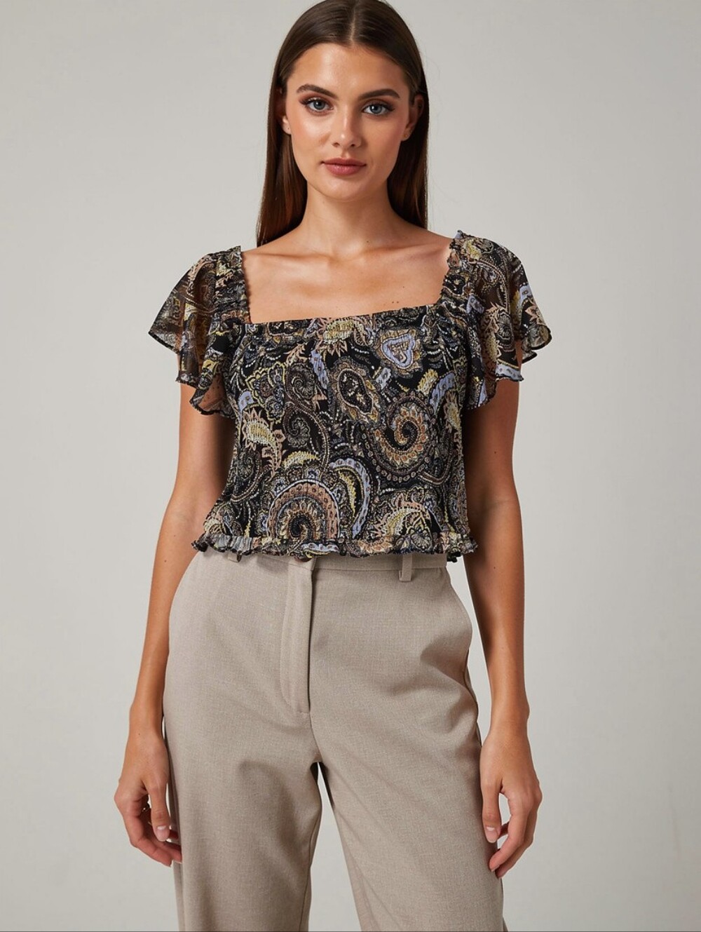 Bar III Black Paisley Square-Neck Flutter Crop Top